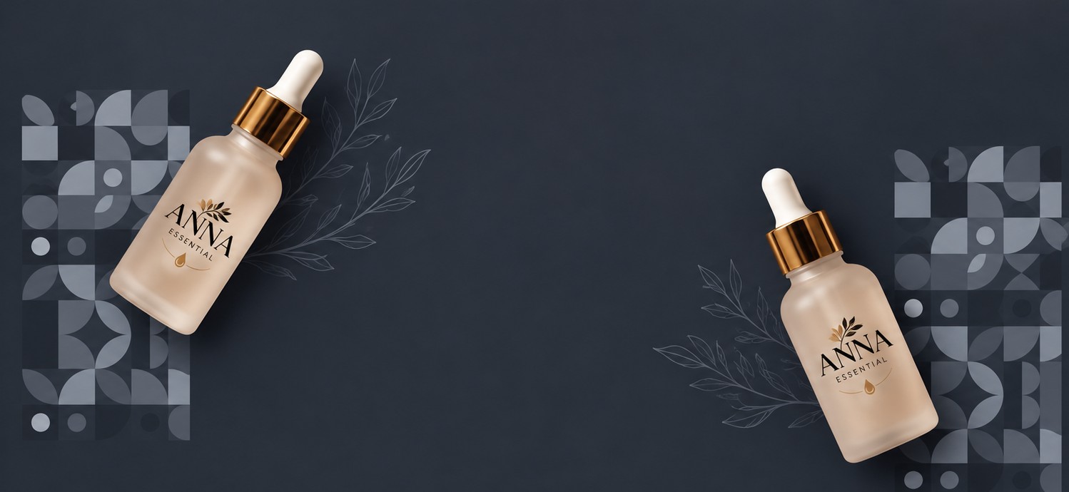 Two Anna Essentials dropper bottles on a deep navy background